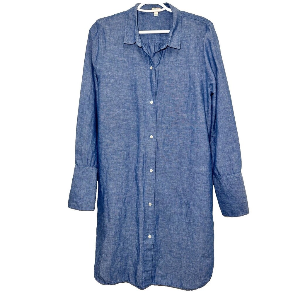 Vintage 90s J.Crew Beachwear Linen Cotton Chambray Shirt Dress Blue L